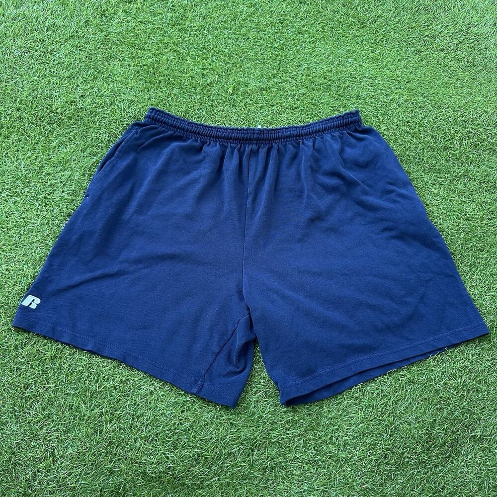 Vintage 90s Russell Athletic Mens XXL Faded Above Knee Blank Shorts Navy Blue